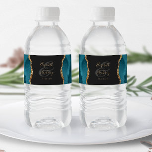 Moderne Turquoise Blauwe Goud Agaat Donkere Bruilo Waterfles Etiket