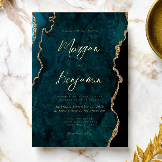 Moderne Turquoise Blauwe Script Bruiloft Folie Uitnodiging