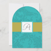Moderne Turquoise Chartreuse Damask Bruiloft uitno Kaart (Achterkant)