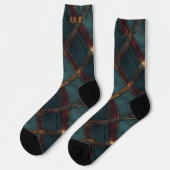 Moderne turquoise en bordeaux kerst geruite stof o sokken (Links)