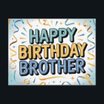 Moderne turquoise en gele "HAPPY BIRTHDAY BROTHER" Briefkaart<br><div class="desc">Een schone en feestelijke 2D digitale illustratie met de boodschap "HAPPY BIRTHDAY BROTHER" in een vet, omlijnd schreefloos lettertype. De typografie maakt gebruik van een stijlvol turquoise en geel kleurenpalet, gecentreerd tegen een lichte blauwe zonneschijfondergrond. De compositie is omlijst door glanzende ballonnen, kronkelende gouden en turquoise slingers en delicate ster-...</div>