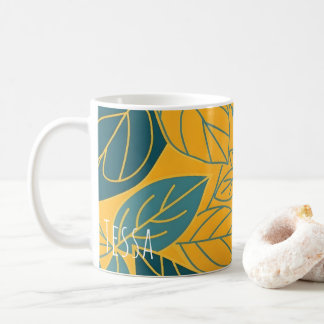 Moderne Turquoise en Gouden Botanische Blad Koffiemok