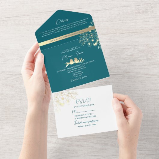 Moderne Turquoise en Gouden Bruiloft All In One Uitnodiging (Afscheurbaar)