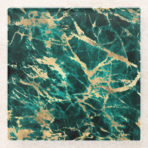 Moderne turquoise en gouden marmerpatroon glazen onderzetter