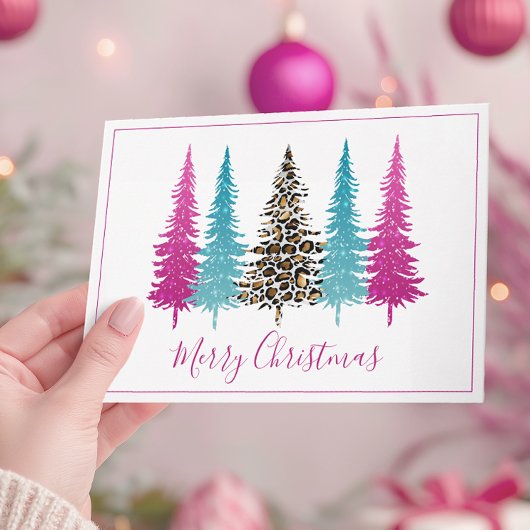 Moderne Turquoise en Roze Kerstbomen Feestdagen Kaart