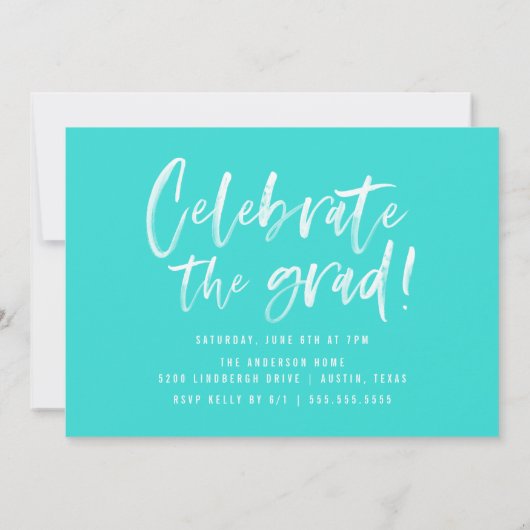 Moderne Turquoise Geborstelde Script Afstudeerfees Kaart (Achterkant)