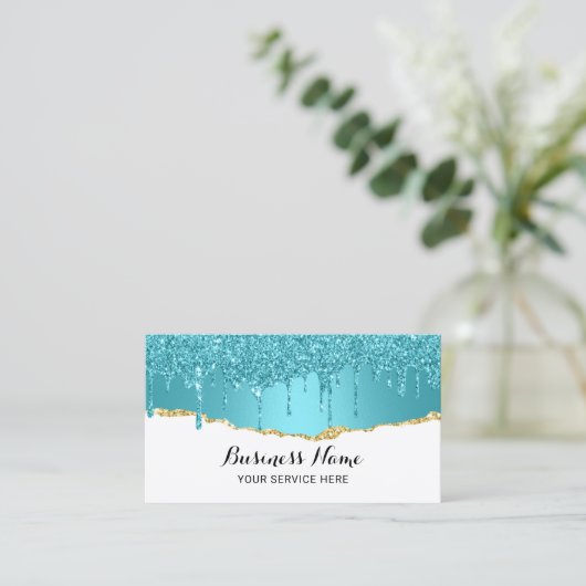 Moderne Turquoise Glitter Drift Abstract Gold Blau Visitekaartje (Staand voorkant)