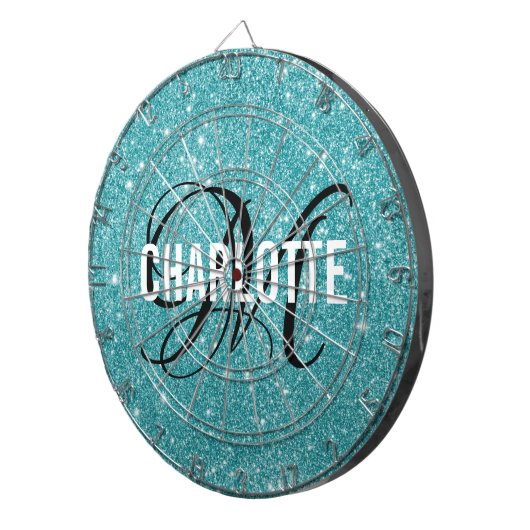 Moderne turquoise glitter monogram naam dart board dartbord (Voorkant Rechts)