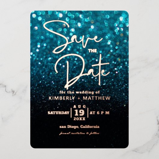 moderne turquoise glitters Glitter Save the date b Folie Uitnodiging (Voorkant)