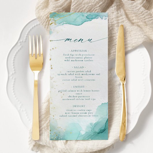 Moderne Turquoise Gouden Abstracte Strand Bruiloft Menu