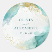 Moderne Turquoise Gouden Abstracte Strand Bruiloft Ronde Sticker (Voorkant)