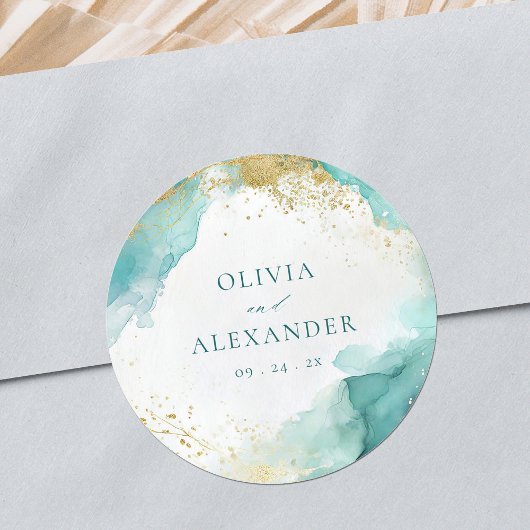 Moderne Turquoise Gouden Abstracte Strand Bruiloft Ronde Sticker