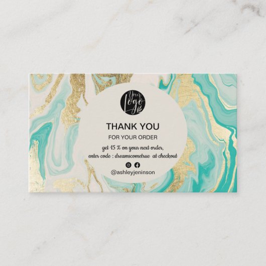 Moderne turquoise gouden marmeren logo orde dank u visitekaartje (Voorkant)