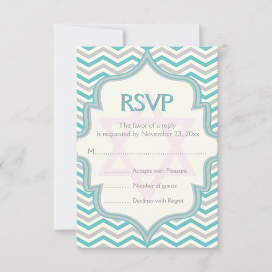 Moderne turquoise grijze chevron Bat Mitzvah RSVP (Voorkant)
