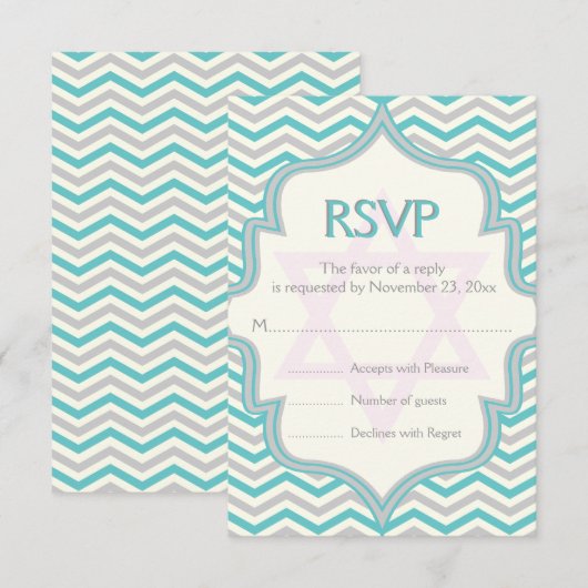 Moderne turquoise grijze chevron Bat Mitzvah RSVP Kaartje (Voorkant / Achterkant)