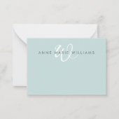 Moderne Turquoise Groen Witte Script Monogram Notitiekaartje (Voorkant)