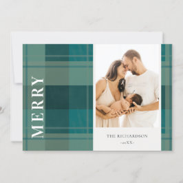 Moderne turquoise groene blauwe ruitfoto Prettig k Feestdagenkaart