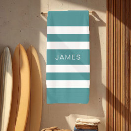 Moderne Turquoise Groene Gestreepte Naam Strandlaken