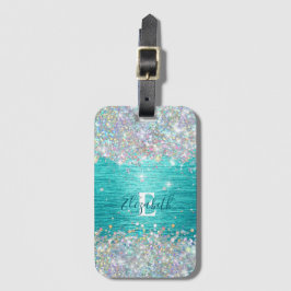 Moderne turquoise holografische faux glitter monog bagagelabel