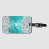 Moderne turquoise holografische faux glitter monog bagagelabel (Voorkant (horizontaal))