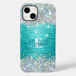 Moderne turquoise holografische faux glitter monog Case-Mate iPhone 14 hoesje