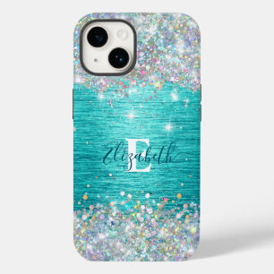 Moderne turquoise holografische faux glitter monog Case-Mate iPhone 14 hoesje