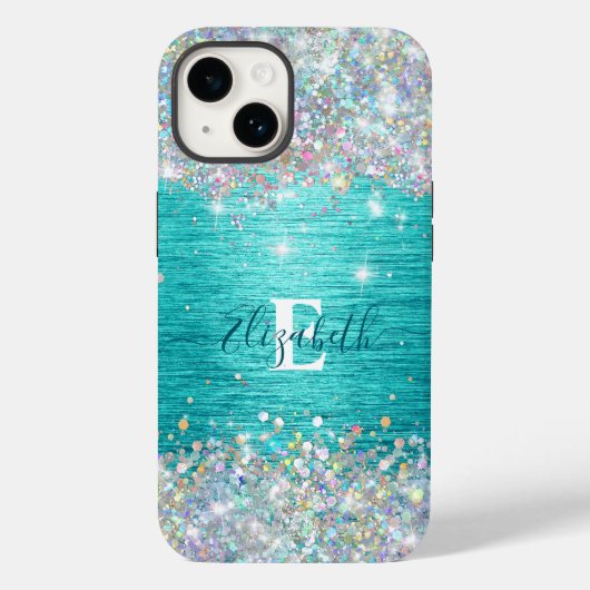 Moderne turquoise holografische faux glitter monog Case-Mate iPhone case (Achterkant)