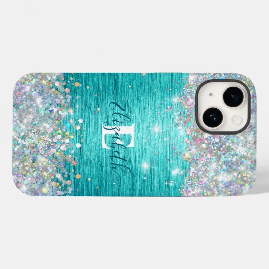 Moderne turquoise holografische faux glitter monog Case-Mate iPhone case (Achterkant (horizontaal))
