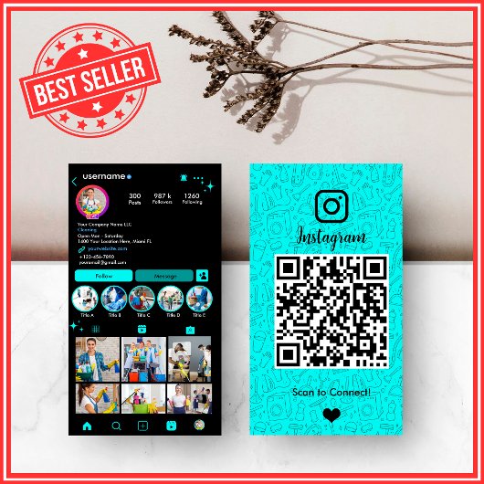Moderne Turquoise Huishoudelijke Instagram QR Code Visitekaartje