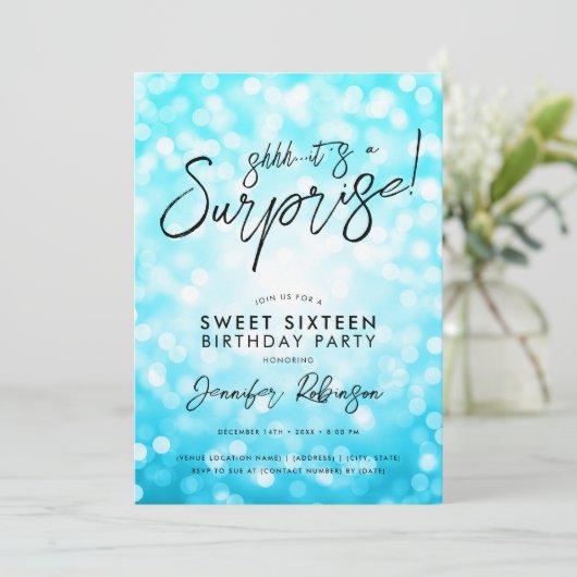 Moderne Turquoise Lichten Foto Verrassing Sweet 16 Kaart (Staand voorkant)
