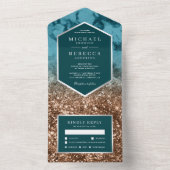 Moderne Turquoise Marmer Bronzen Glitter Bruiloft All In One Uitnodiging (Binnen)