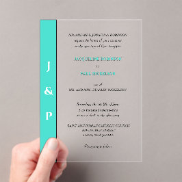 Moderne Turquoise Monogram Bruid en Bruidegom Acryl Uitnodigingen