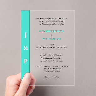 Moderne Turquoise Monogram Bruid en Bruidegom Acryl Uitnodigingen