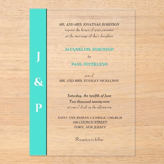 Moderne Turquoise Monogram Bruid en Bruidegom Acryl Uitnodigingen (Voorkant)