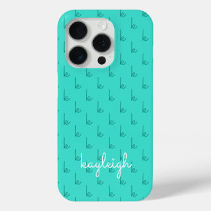 Moderne Turquoise Monogram Naam Effen Kleur Teal iPhone 15 Pro Case