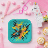 Moderne Turquoise Paintball Sport Kleur Spletters Papieren Bordje (Feest)