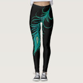 Moderne turquoise pauw veren zwarte Leggings (Voorkant)