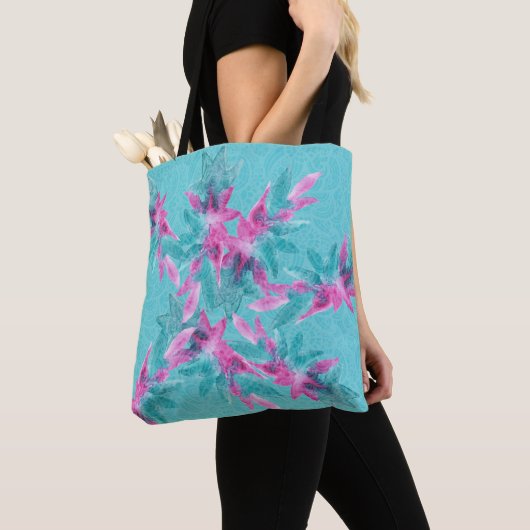 Moderne Turquoise Roze Abstracte Hawaiiaanse Bloem Tote Bag (Dichtbij)
