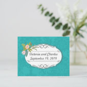 Moderne Turquoise Roze en Coral Damask Wedding Briefkaart (Staand voorkant)