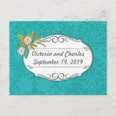 Moderne Turquoise Roze en Coral Damask Wedding Briefkaart (Voorkant)