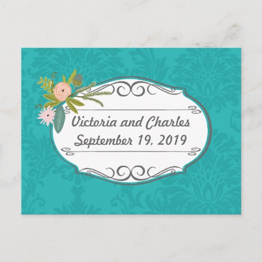 Moderne Turquoise Roze en Coral Damask Wedding Briefkaart (Voorkant)