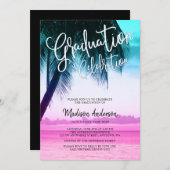 Moderne Turquoise Roze Tropisch Strand Afstudeerfe Kaart (Voorkant / Achterkant)