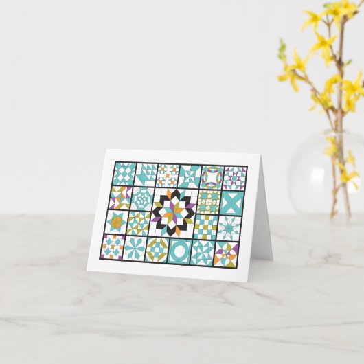 Moderne Turquoise Sampler Quilt Note Kaart (Gele Bloem)