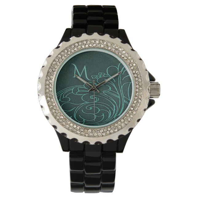 Moderne Turquoise Wervel Elegant Monogram Horloge (Voorkant)