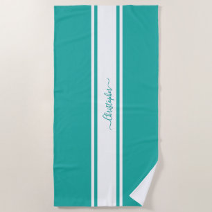 Moderne turquoise witte racing strepen gemerkte zw strandlaken