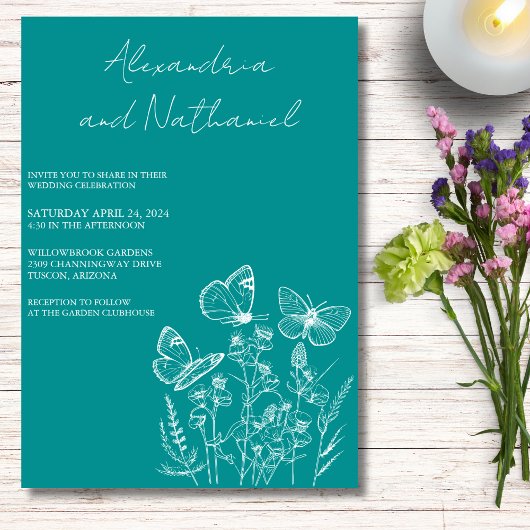 Moderne Turquoise & Witte Vlinder Bruiloft  Kaart