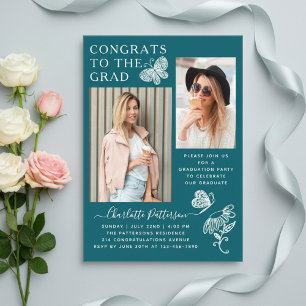 Moderne Turquoise Witte Vlinder Foto Afstudeerfees Acryl Uitnodigingen