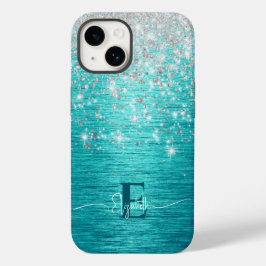 Moderne Turquoise Zilveren faux glitter Monogram Case-Mate iPhone 14 Hoesje