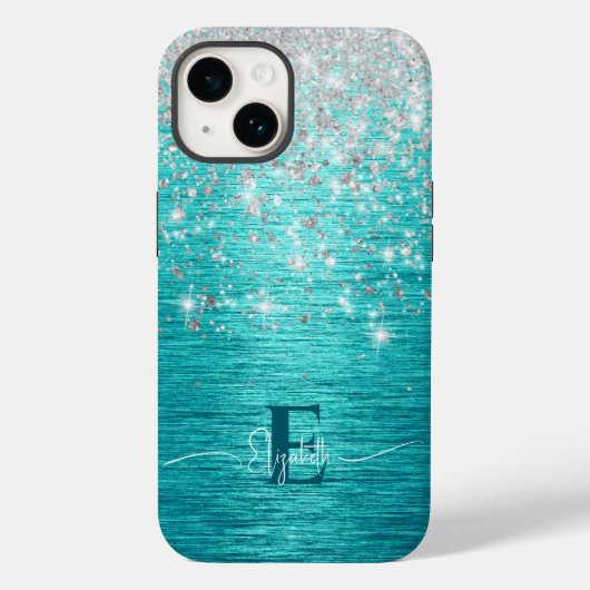 Moderne Turquoise Zilveren faux glitter Monogram Case-Mate iPhone Case (Achterkant)