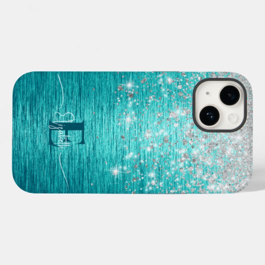 Moderne Turquoise Zilveren faux glitter Monogram Case-Mate iPhone Case (Achterkant (horizontaal))
